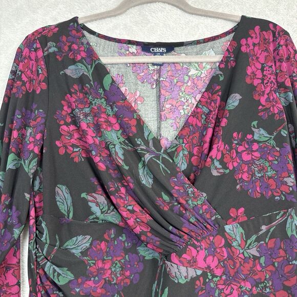 Chaps Ralph Lauren Jersey Dress L Dark Floral Faux Wrap Stretch Career Feminine - Picture 2 of 14